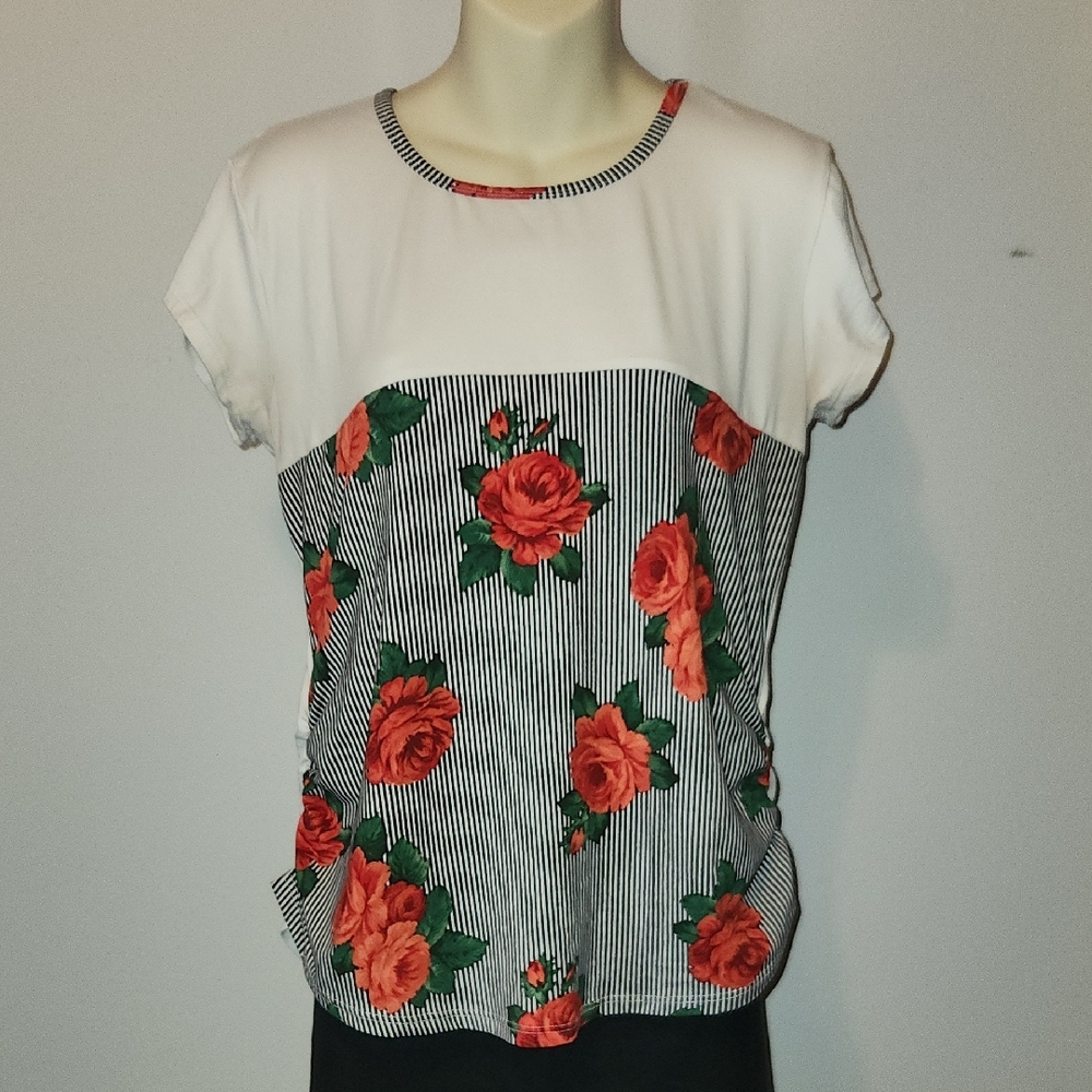 Marci Floral Striped Women's Top - White and Black With Big Roses